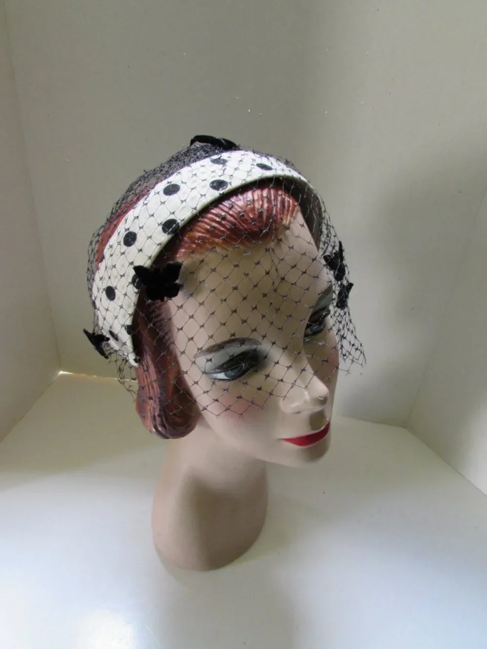 Vintage Head Band Hat White with Black Polka Dots